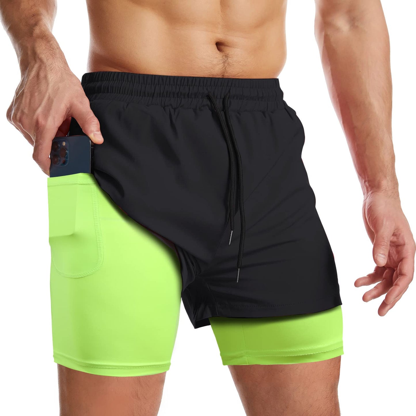 Surenow Mens 2 in 1 Running Shorts Quick Dry Athletic Shorts with Liner, Workout Shorts with Zip Pockets and Towel Loop