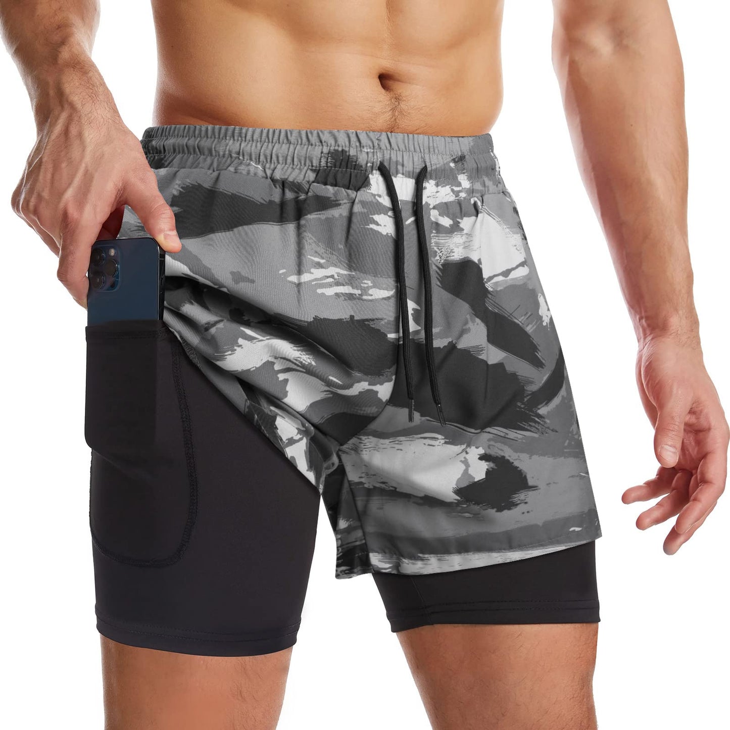 Surenow Mens 2 in 1 Running Shorts Quick Dry Athletic Shorts with Liner, Workout Shorts with Zip Pockets and Towel Loop