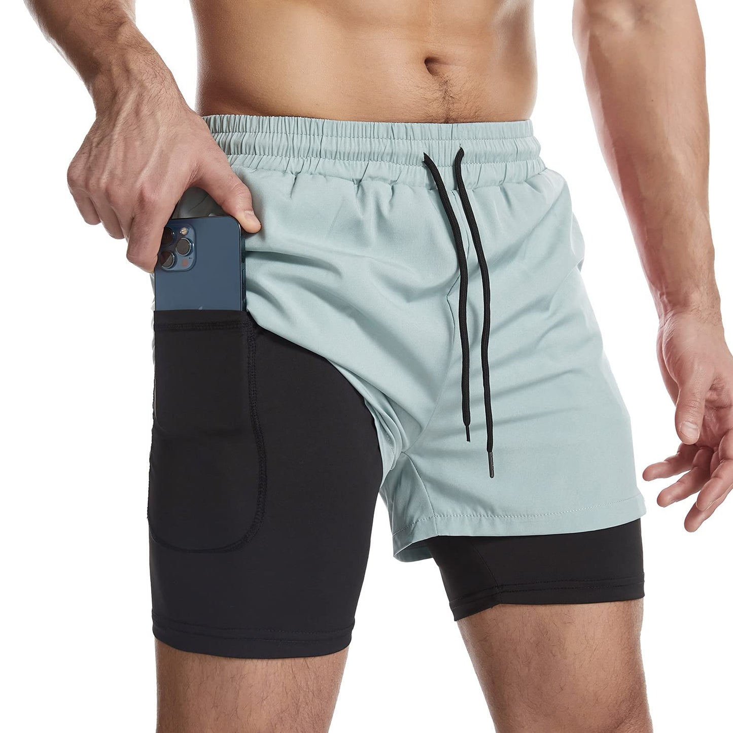 Surenow Mens 2 in 1 Running Shorts Quick Dry Athletic Shorts with Liner, Workout Shorts with Zip Pockets and Towel Loop