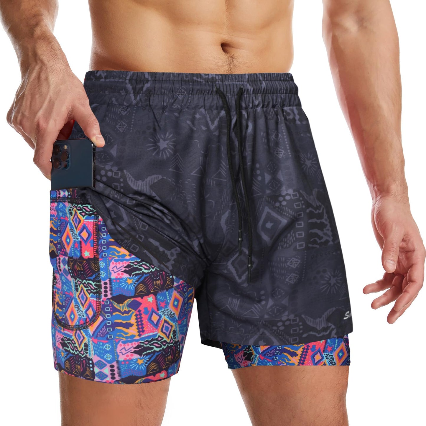 Surenow Mens 2 in 1 Running Shorts Quick Dry Athletic Shorts with Liner, Workout Shorts with Zip Pockets and Towel Loop