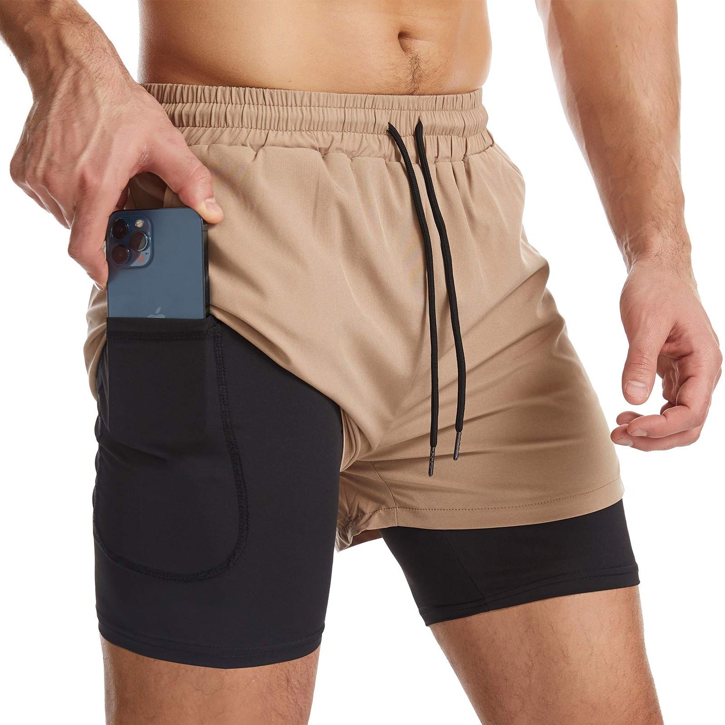 Surenow Mens 2 in 1 Running Shorts Quick Dry Athletic Shorts with Liner, Workout Shorts with Zip Pockets and Towel Loop