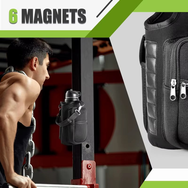 Magnetic Water Bottle Carrier with Phone Pocket and Shoulder Strap – Features 6 Built-In Magnets