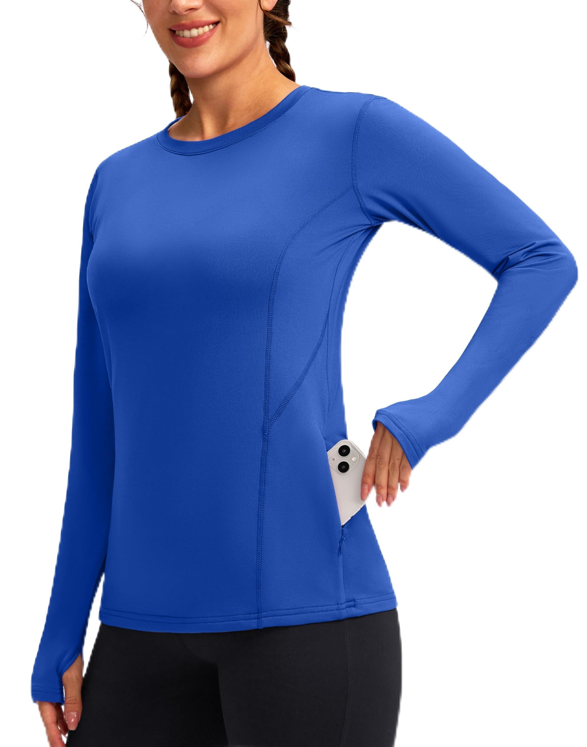 Women's Thermal Fleece Tops Long Sleeve Workout Shirts Running Athletic Base Layer with Thumb Holes Zipper Pocket