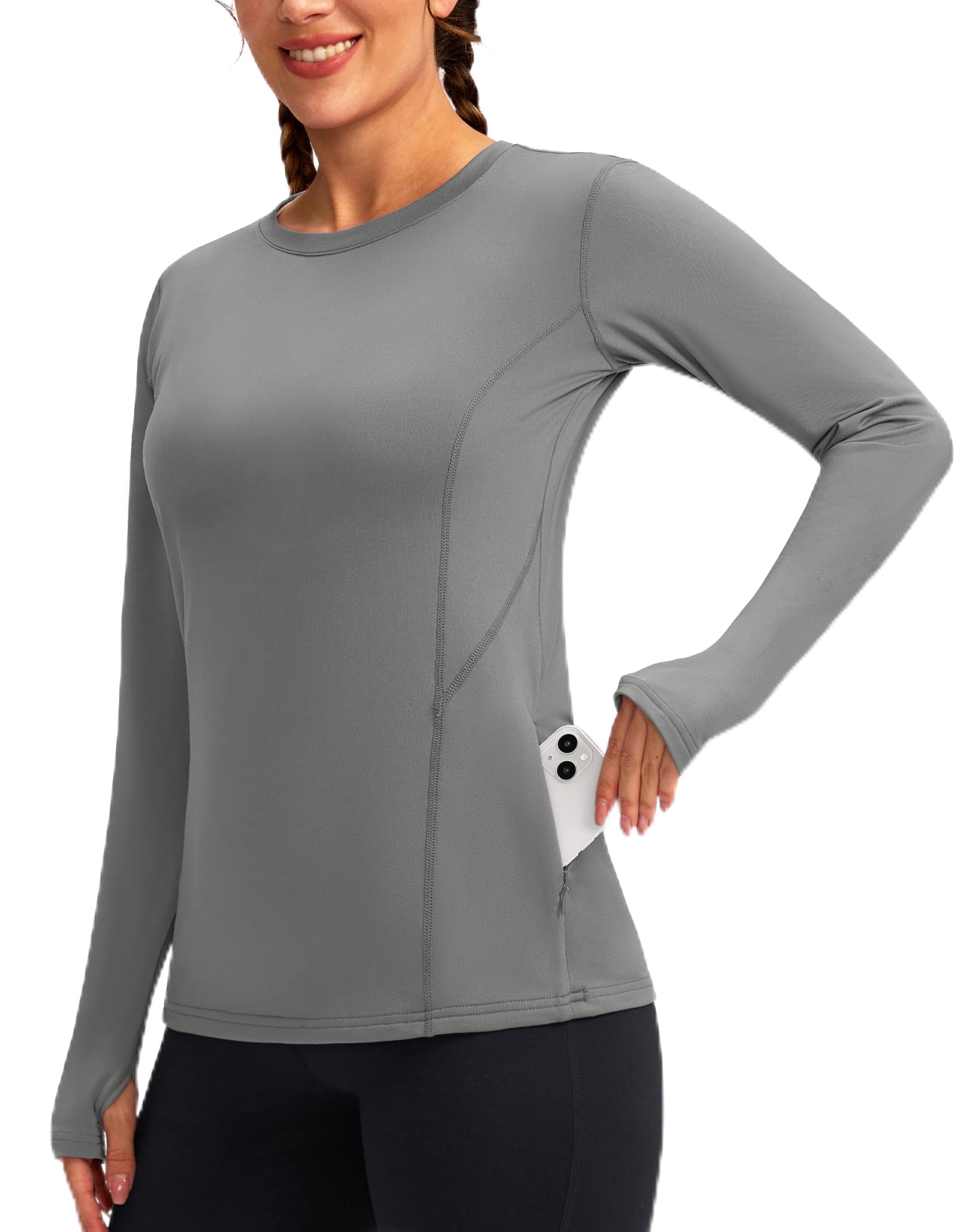 Women's Thermal Fleece Tops Long Sleeve Workout Shirts Running Athletic Base Layer with Thumb Holes Zipper Pocket