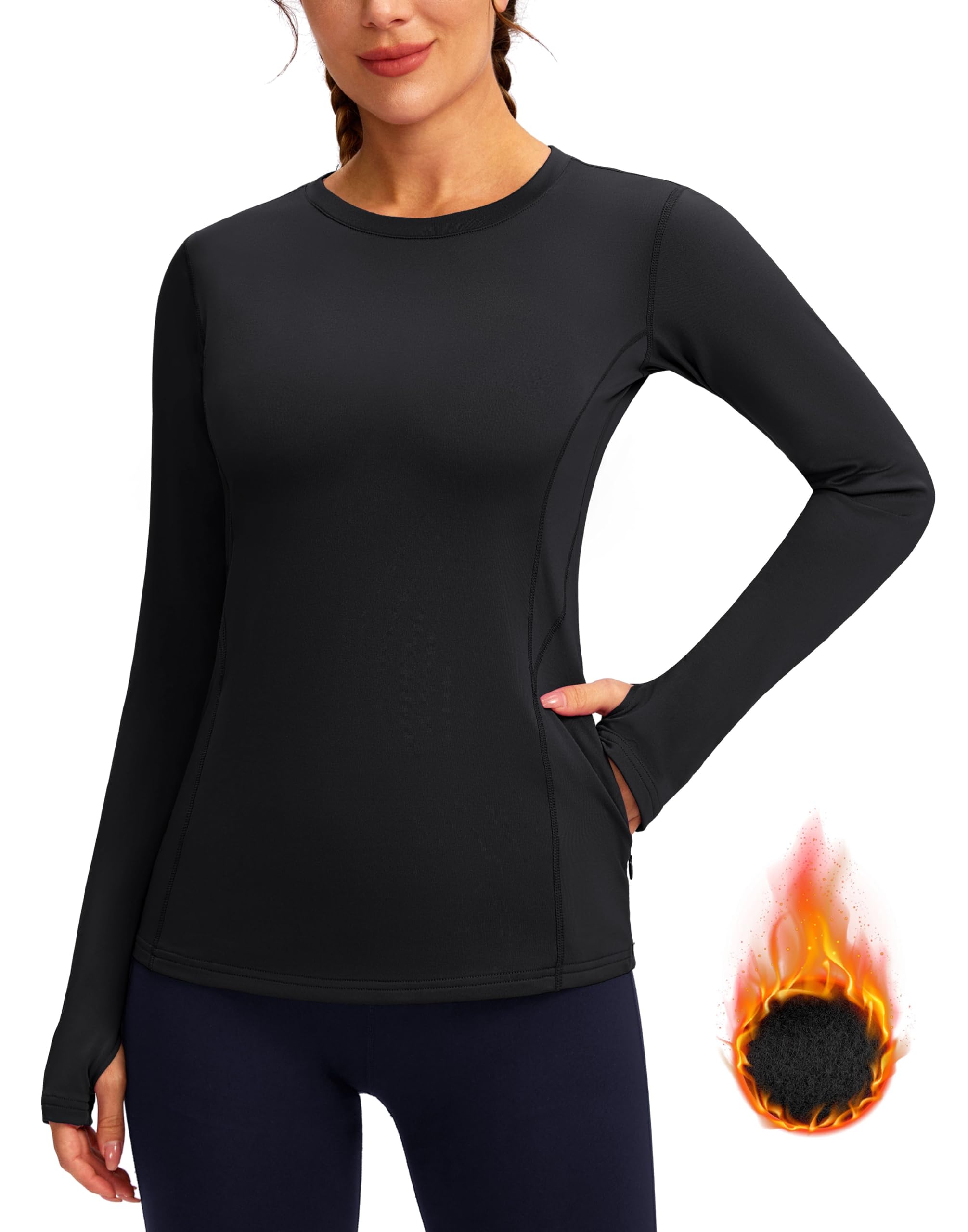 Women's Thermal Fleece Tops Long Sleeve Workout Shirts Running Athletic Base Layer with Thumb Holes Zipper Pocket