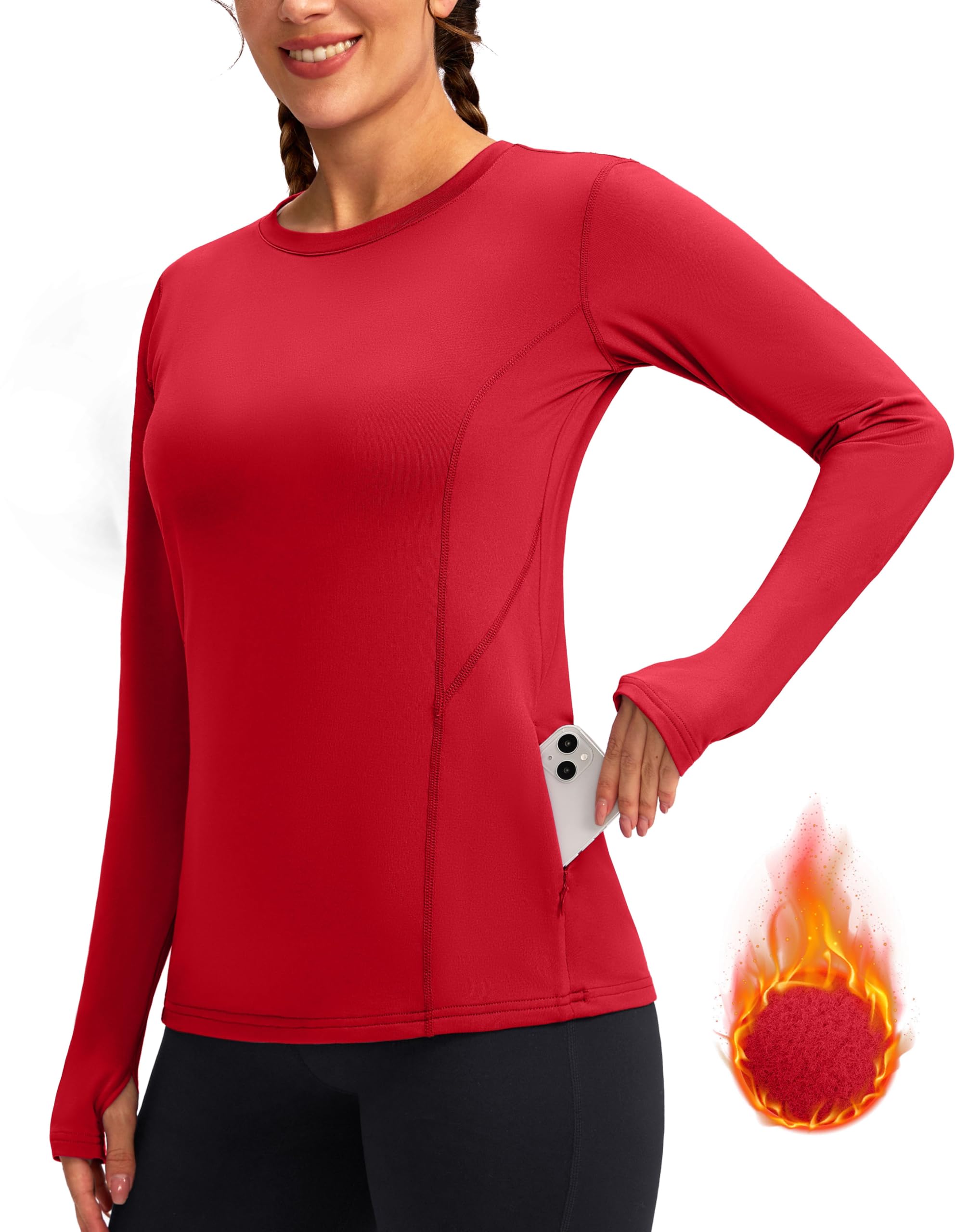Women's Thermal Fleece Tops Long Sleeve Workout Shirts Running Athletic Base Layer with Thumb Holes Zipper Pocket