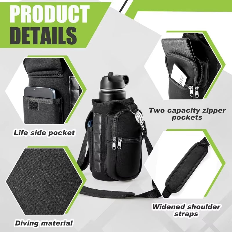 Magnetic Water Bottle Carrier with Phone Pocket and Shoulder Strap – Features 6 Built-In Magnets